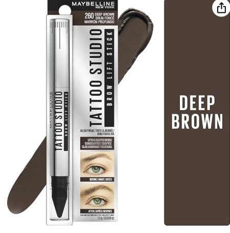 Maybelline TattooStudio Brow Lift Stick Makeup with Tinted Wax Conditioning Complex - 260 deep brown